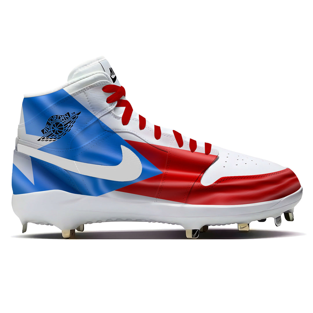 Air Jordan 1 retro baseball cleats designed with a waving Puerto Rico flag in red, white, and blue with a single white star and metal spikes.