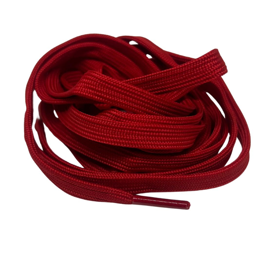 Red shoelaces on a white background.