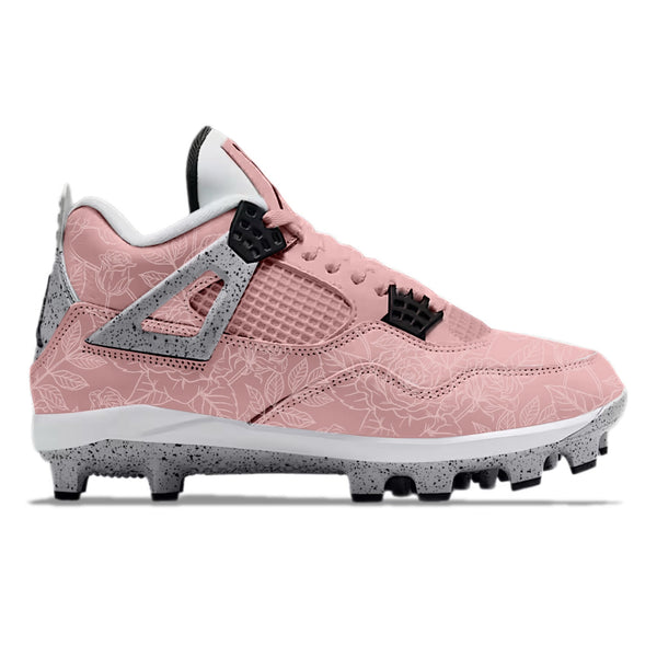 Baseball cleats in soft blush pink with delicate rose line-art etched across the upper, paired with speckled gray structural accents, black hardware details, and molded studs for field performance, by Stadium Custom Kicks.