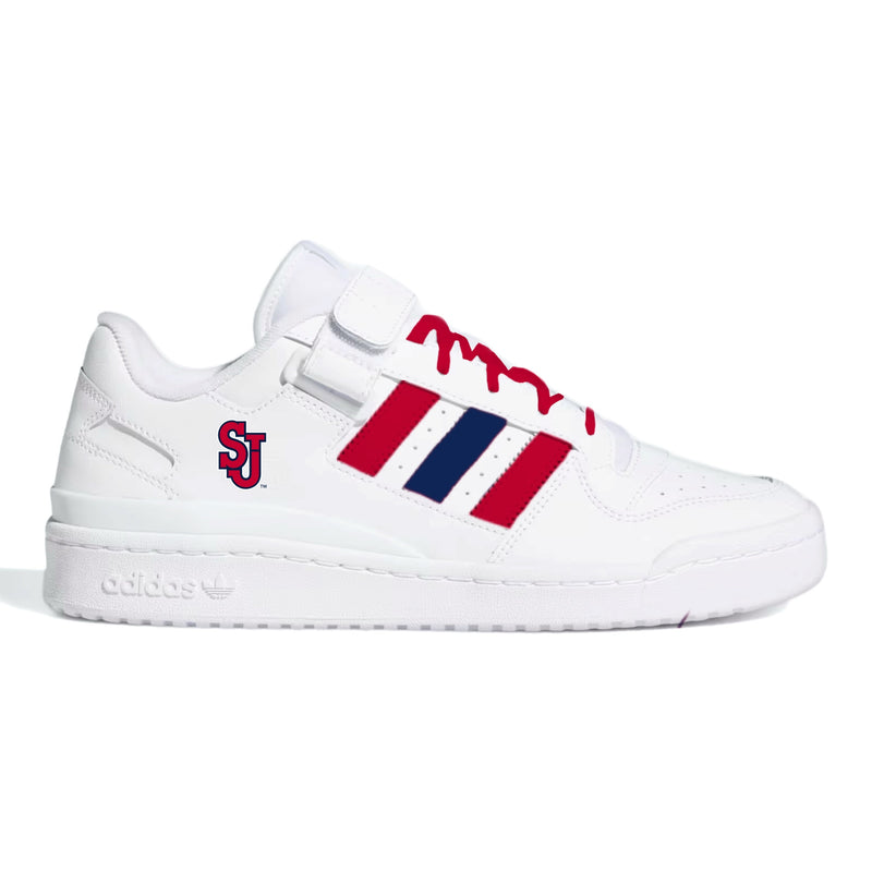 White sneaker with red and blue stripes on a white background