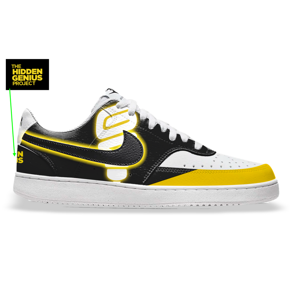 Sneaker with black and yellow design on a white background, featuring 'The Hidden Genius Project' logo.