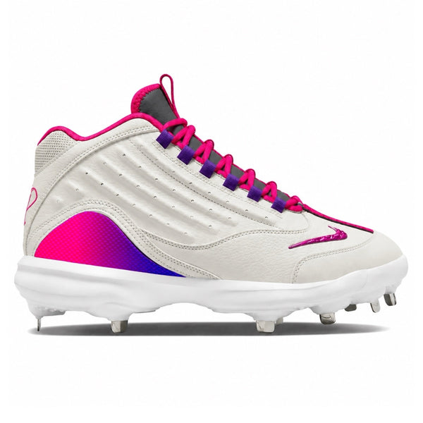 Nike Griffey 2 mid-top baseball cleats in white leather with pink-to-purple gradient heel panel, pink and purple alternating laces, iridescent pink Nike swoosh, and metal spikes on white background by Stadium Custom Kicks