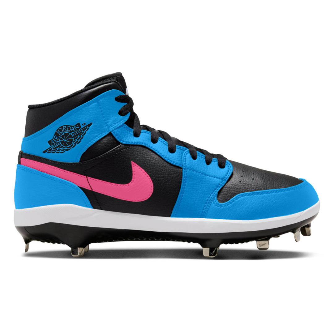 Vice City Jordan 1 Retro baseball cleats in black and Carolina blue with pink swoosh, custom Air Jordan metal baseball spikes by Stadium Custom Kicks
