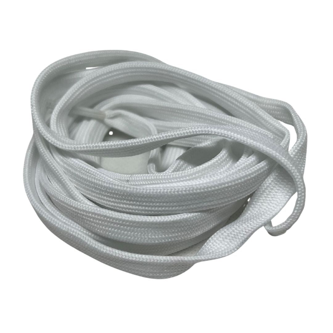 Coiled white shoelace on a white.