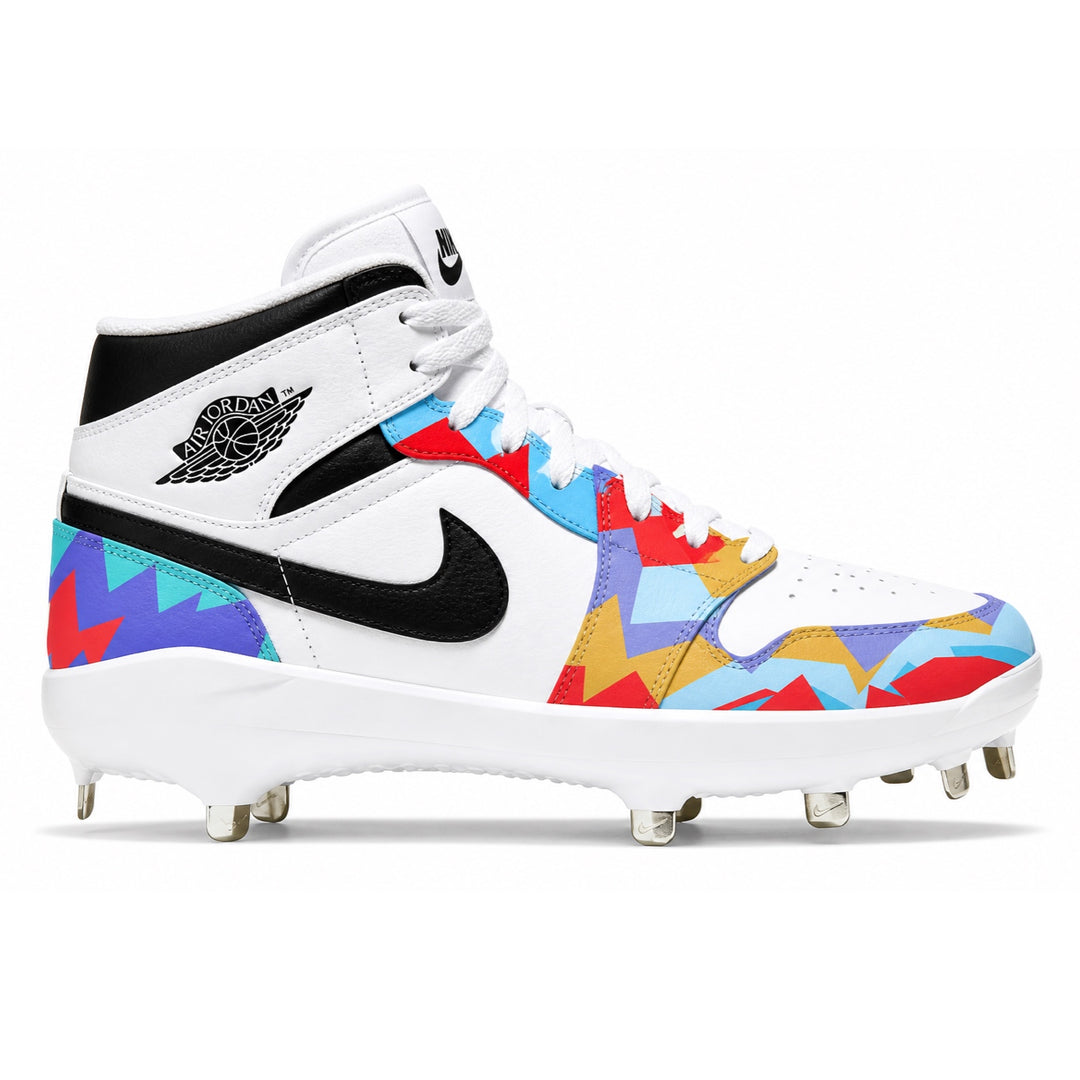 Colorful baseball cleats with geometric pattern on a white background