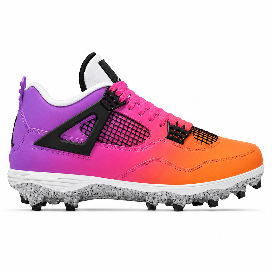 A football cleat shown in profile on a clean white background. The shoe features a vibrant gradient upper transitioning from purple at the heel, through hot pink in the middle, to bright orange at the toe.