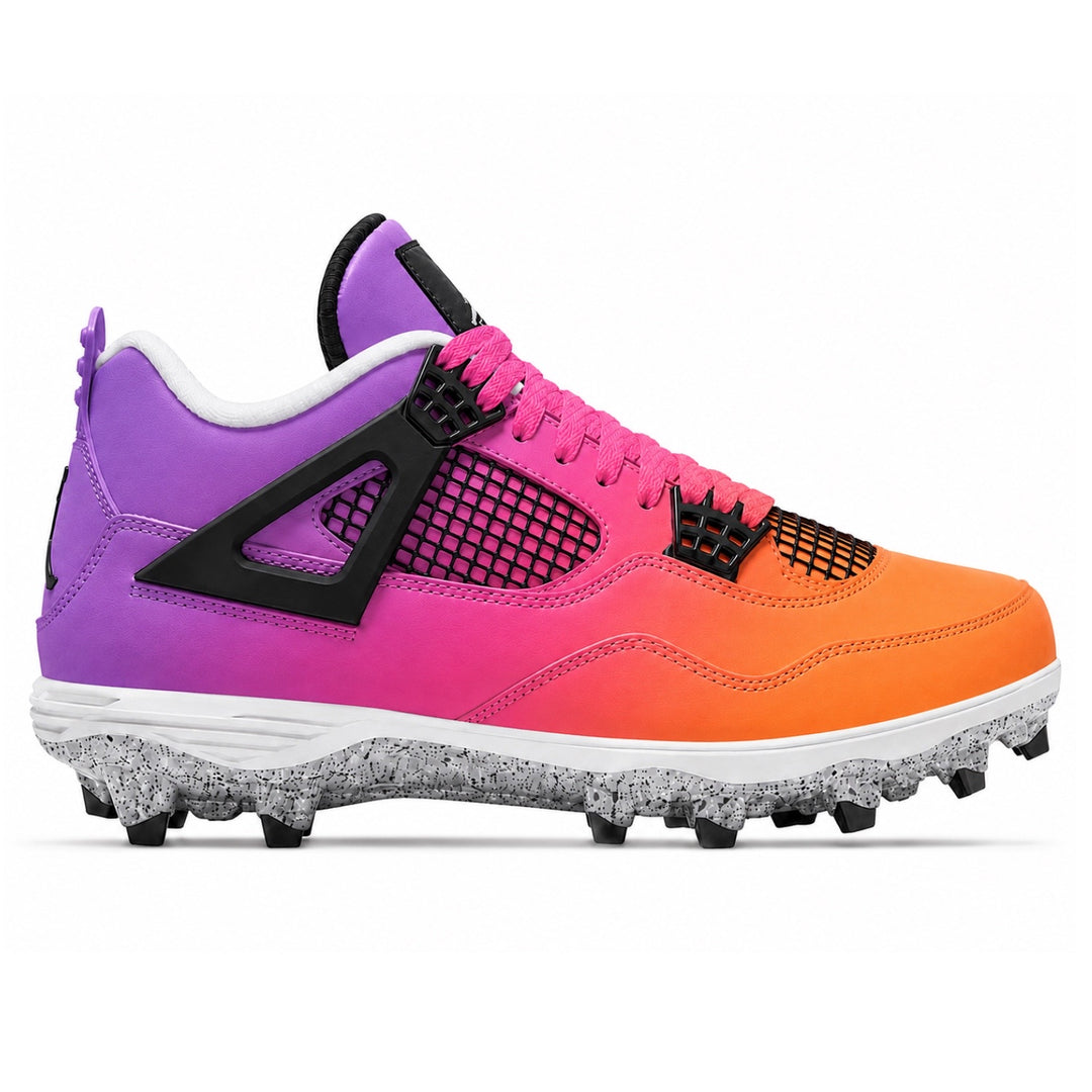 Custom Jordan 4 Retro TD football cleats featuring a vibrant purple-to-orange sunset gradient with a speckled sole — by Stadium Custom Kicks