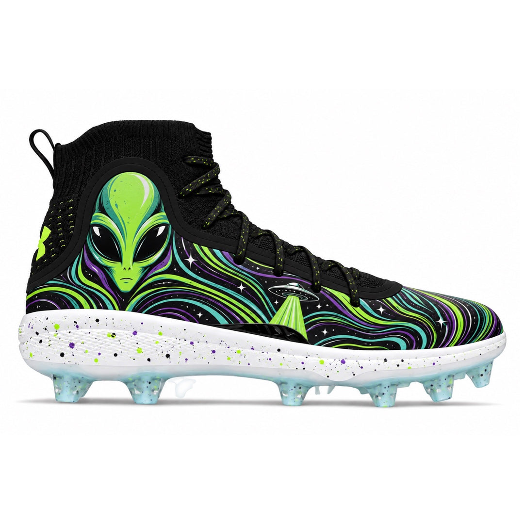 Black Under Armour Curry 4 Mid TPU cleats with neon green alien graphic purple and teal space swirl design UFO details and speckled midsole side view by Stadium Custom Kicks