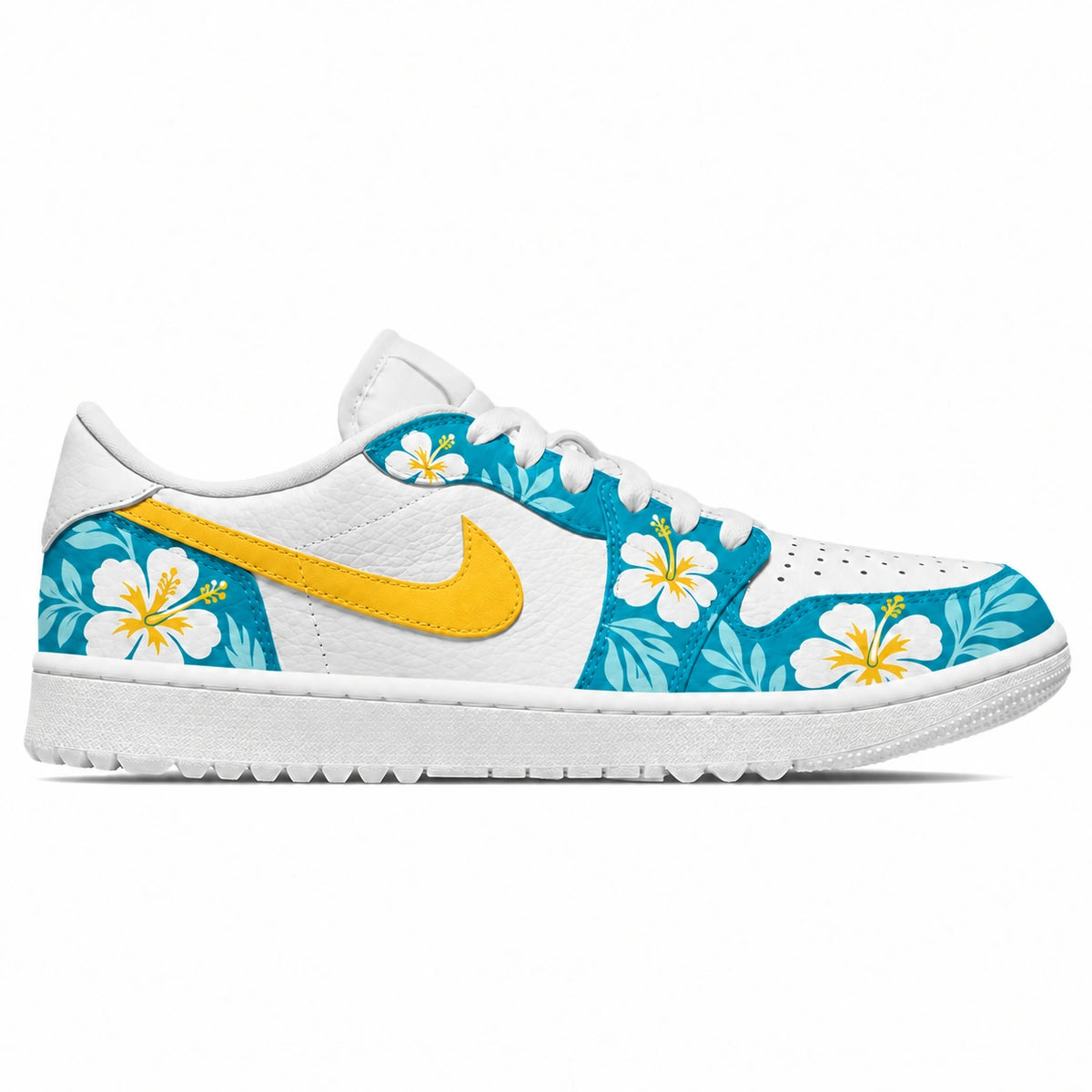 A white low-top golf sneaker featuring a vibrant turquoise blue tropical floral print on the sides and heel, a bright yellow Nike Swoosh, and white hibiscus flowers with yellow centers.