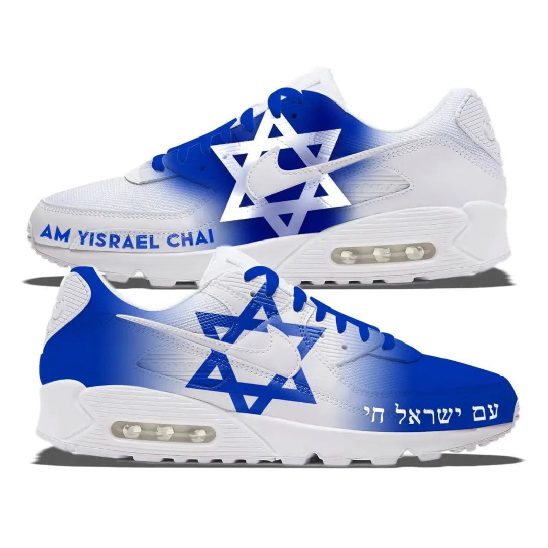 White and blue sneakers with Star of David design and text on a white background