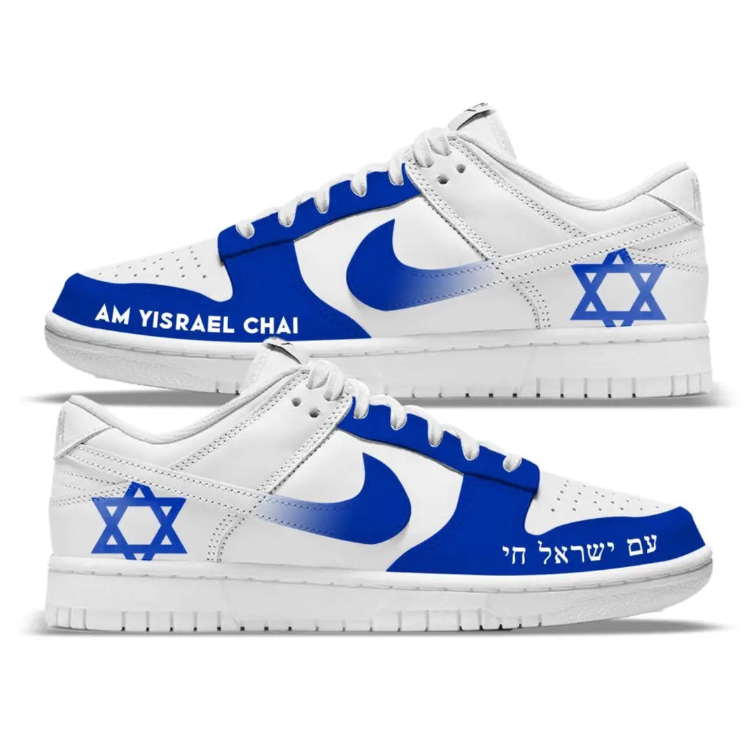 White sneakers with blue accents featuring Star of David and text on a white background