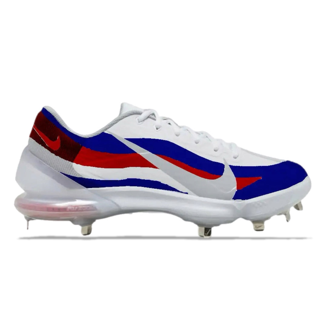 White cleated shoe with red and blue accents on a white background