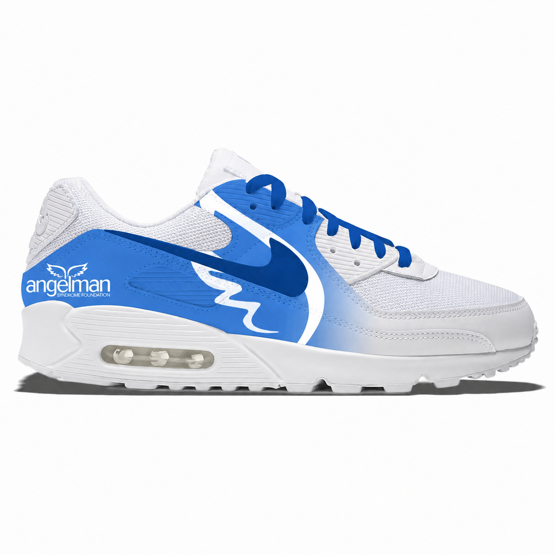 A Nike Air Max 90 sneaker in white and blue, featuring a white mesh upper, a blue gradient Swoosh, a blue heel tab with 'angelman' text, and a white Air Max sole.