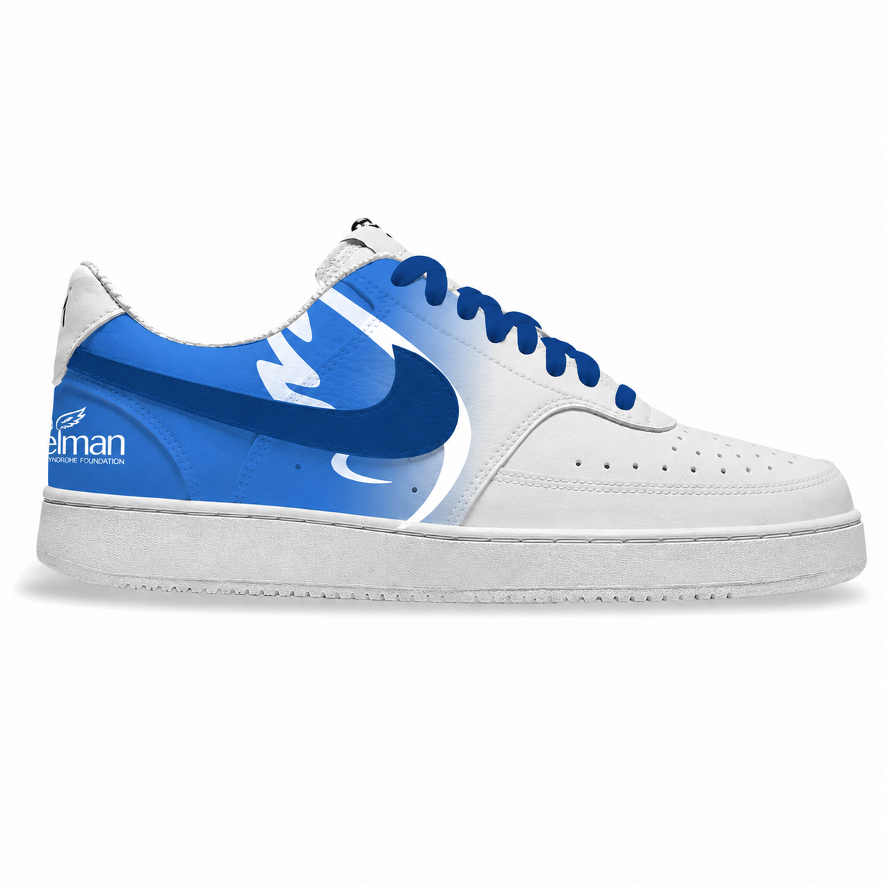 A Nike Air Force 1 Low sneaker in white and royal blue, featuring a custom graphic on the heel and a large blue Nike Swoosh on the side, set against a plain white background.