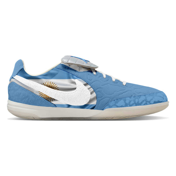 Jordan Tiempo Streetgato SE Indoor Soccer Shoes in an Argentina colorway featuring a sky blue and white "Albiceleste" design inspired by the Argentine national team, custom made by Stadium Custom Kicks