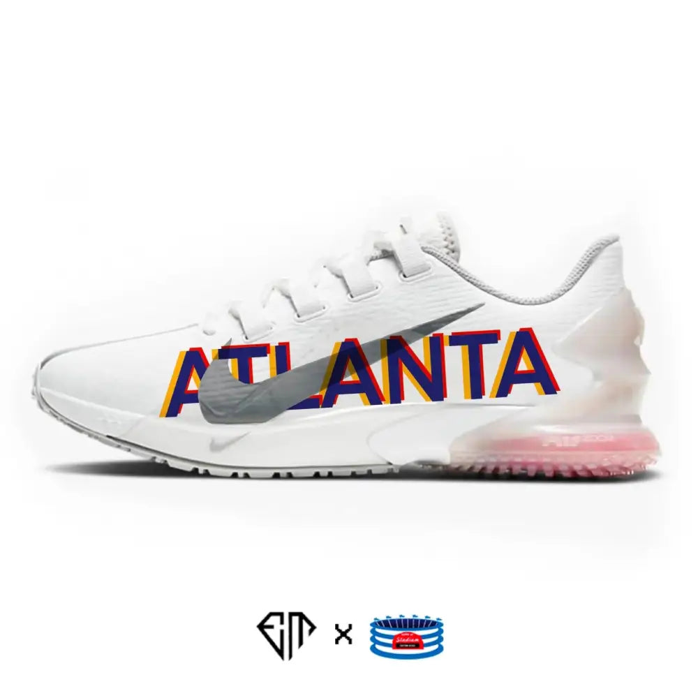 White Nike running shoe with Atlanta text from Nike Force Zoom Trout 7 Turf