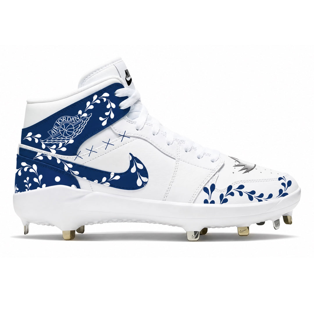 White and blue floral Air Jordan cleat