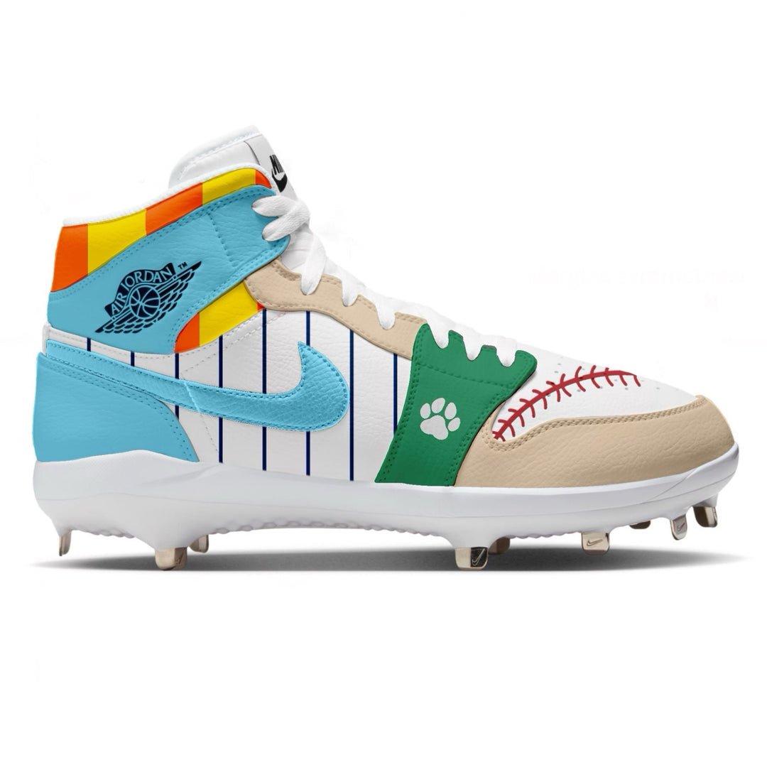 Side view of custom Jordan 1 Retro football cleats featuring a multicolor patchwork design with baseball stitching details, pinstripes, bright blue swoosh, and classic Air Jordan wings logo.