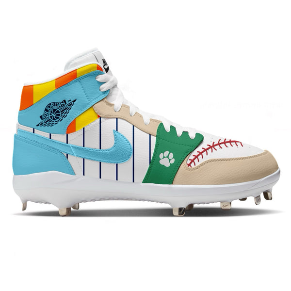 Side view of custom Jordan 1 Retro football cleats featuring a multicolor patchwork design with baseball stitching details, pinstripes, bright blue swoosh, and classic Air Jordan wings logo.