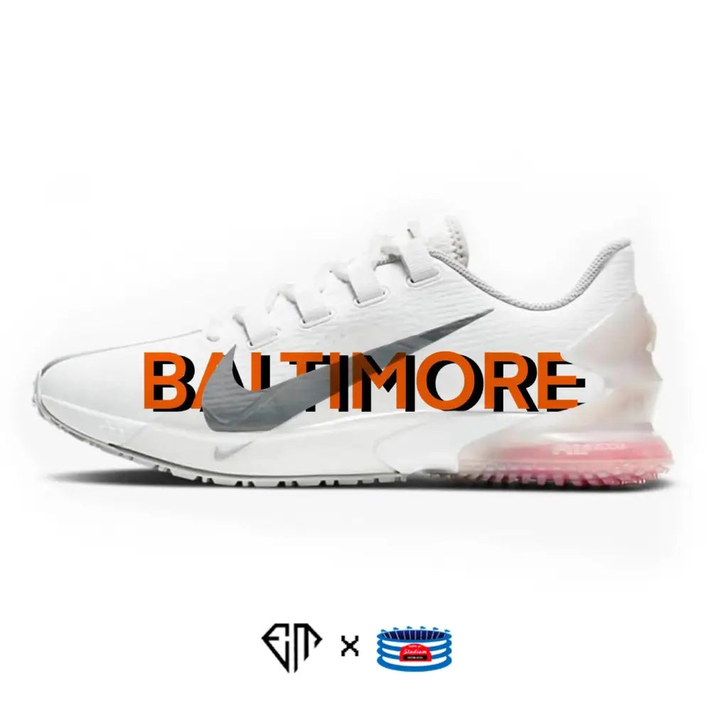 White Nike sneaker with Baltimore text from Baltimore Nike Force Zoom Trout 7 Turf