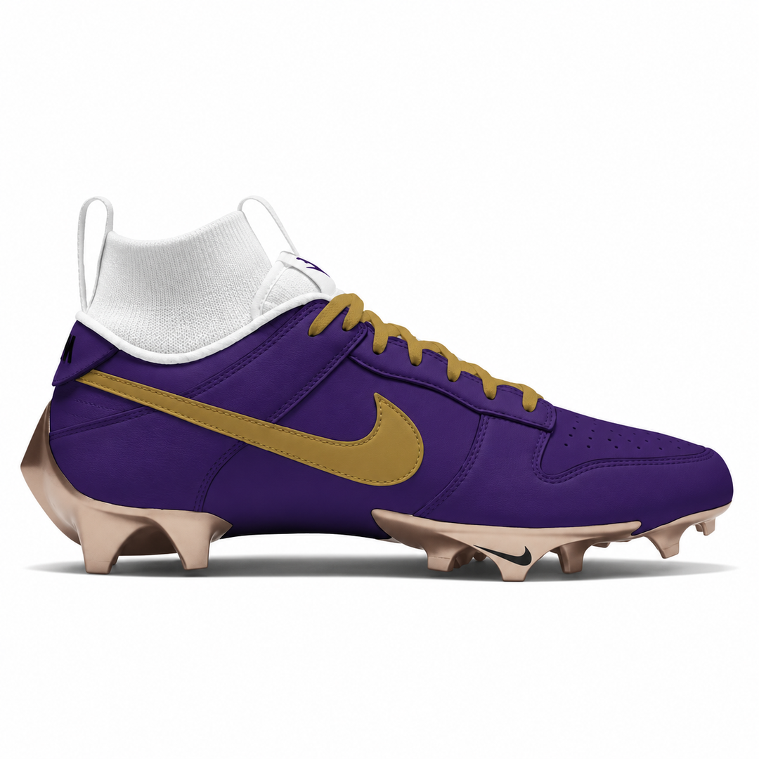 Baltimore Ravens-inspired Nike football cleat featuring a deep purple upper, matte gold Swoosh and laces, white tongue and sockliner, and metallic bronze sole.