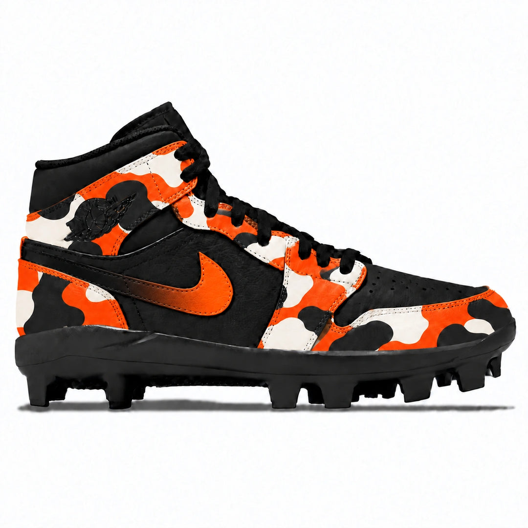 A Nike high-top baseball cleat featuring a black, orange, and white camouflage pattern, with a black Swoosh and black laces, shown from the side profile on a white background.