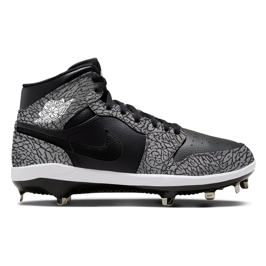 Black and gray high-top cleat from Black Elephant Jordan 1 Retro Cleats