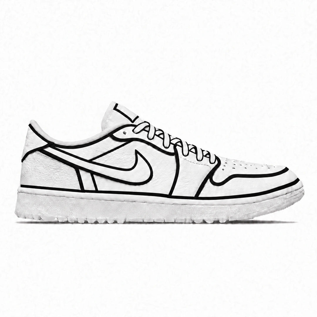 A black Jordan golf shoe shoe with a thick white and gray cushioned sole, shown in a side profile against a white background.