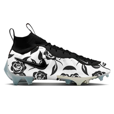 Black Roses custom painted Nike Vaporposite Pro football cleats with bold black rose and leaf print on white base with black collar and icy blue outsole by Stadium Custom Kicks