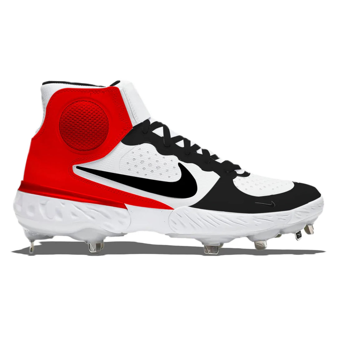 Red, black, and white cleated shoe on a white background