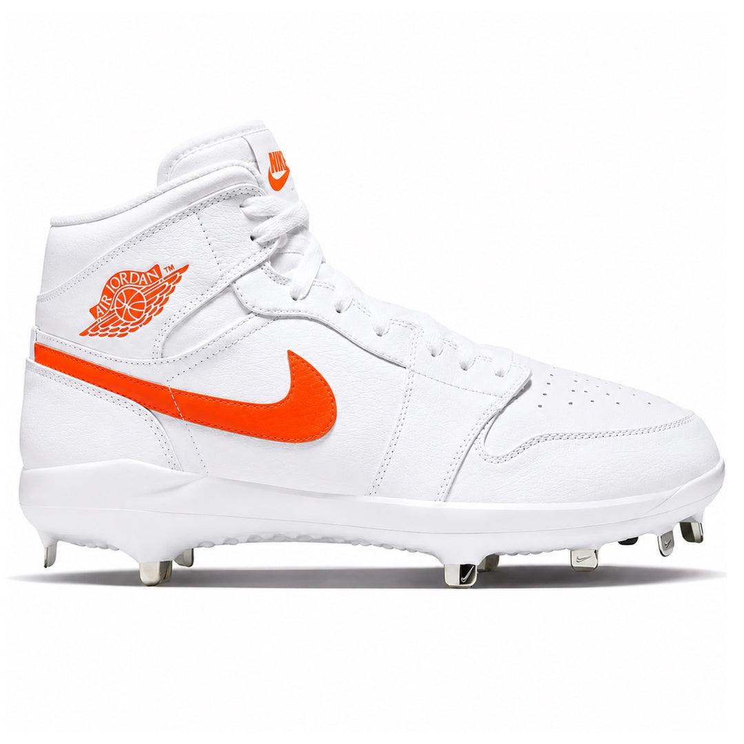 White and blaze orange Jordan 1 Retro metal baseball cleats side view by Stadium Custom Kicks
