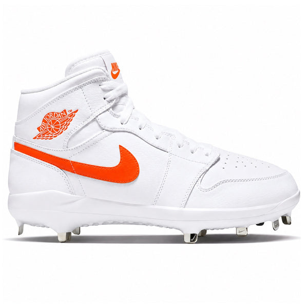 White and blaze orange Jordan 1 Retro metal baseball cleats side view by Stadium Custom Kicks
