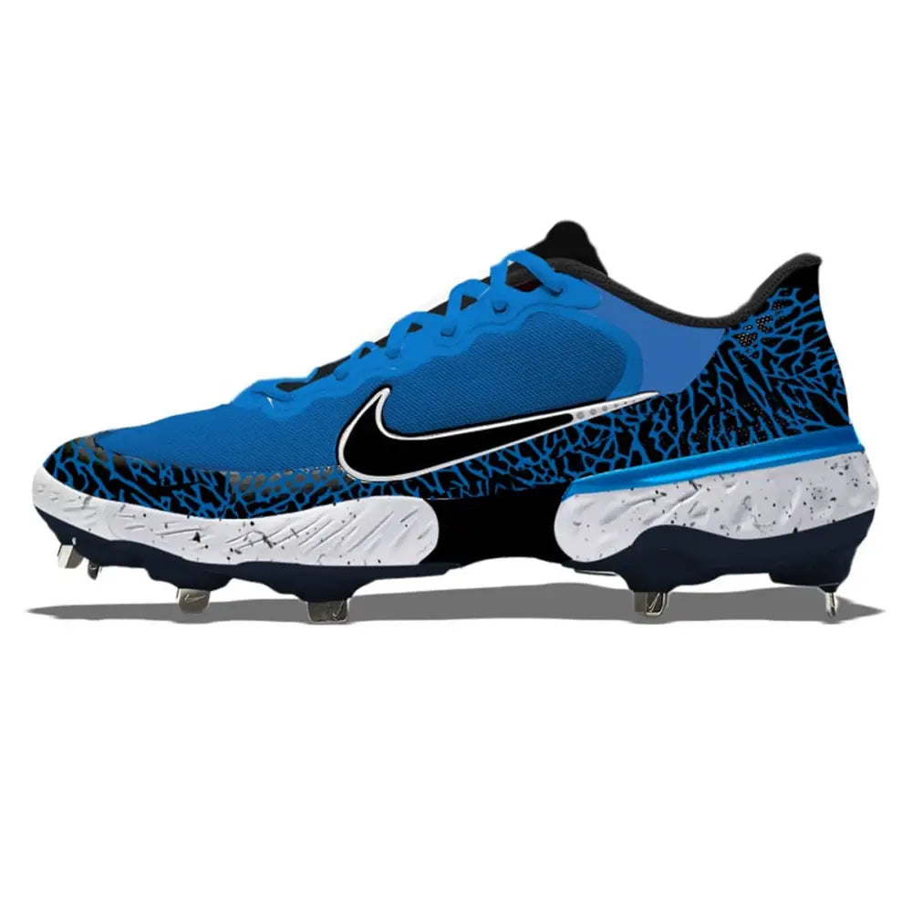 Blue Nike Alpha Huarache Elite 3 Low Cleats with blue Elephant design on baseball shoe