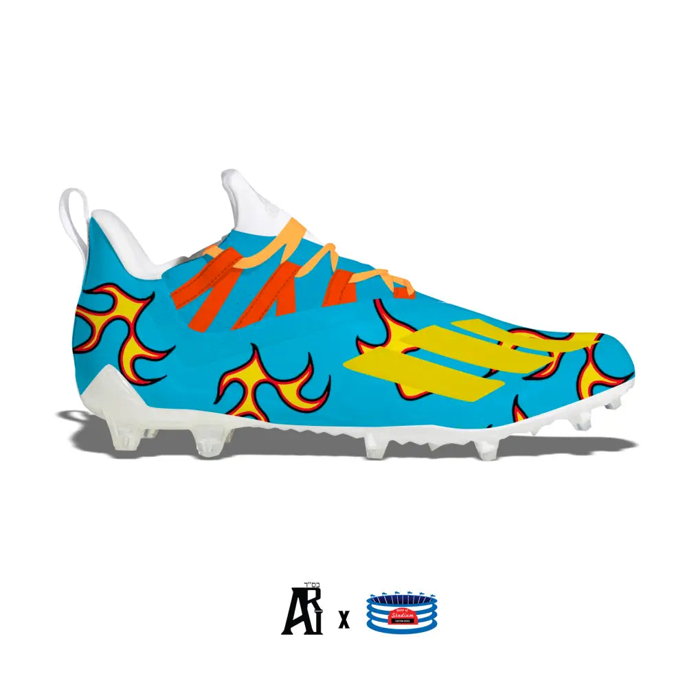 Blue and yellow flame-patterned Adidas Adizero 11.0 Football Cleats on display