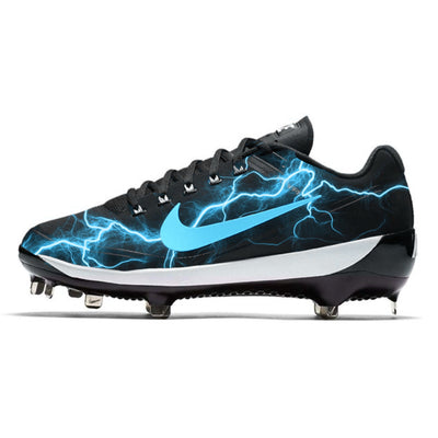 Custom Nike Clipper baseball cleat featuring a black base with bright electric blue lightning graphics and a blue Nike swoosh logo.
