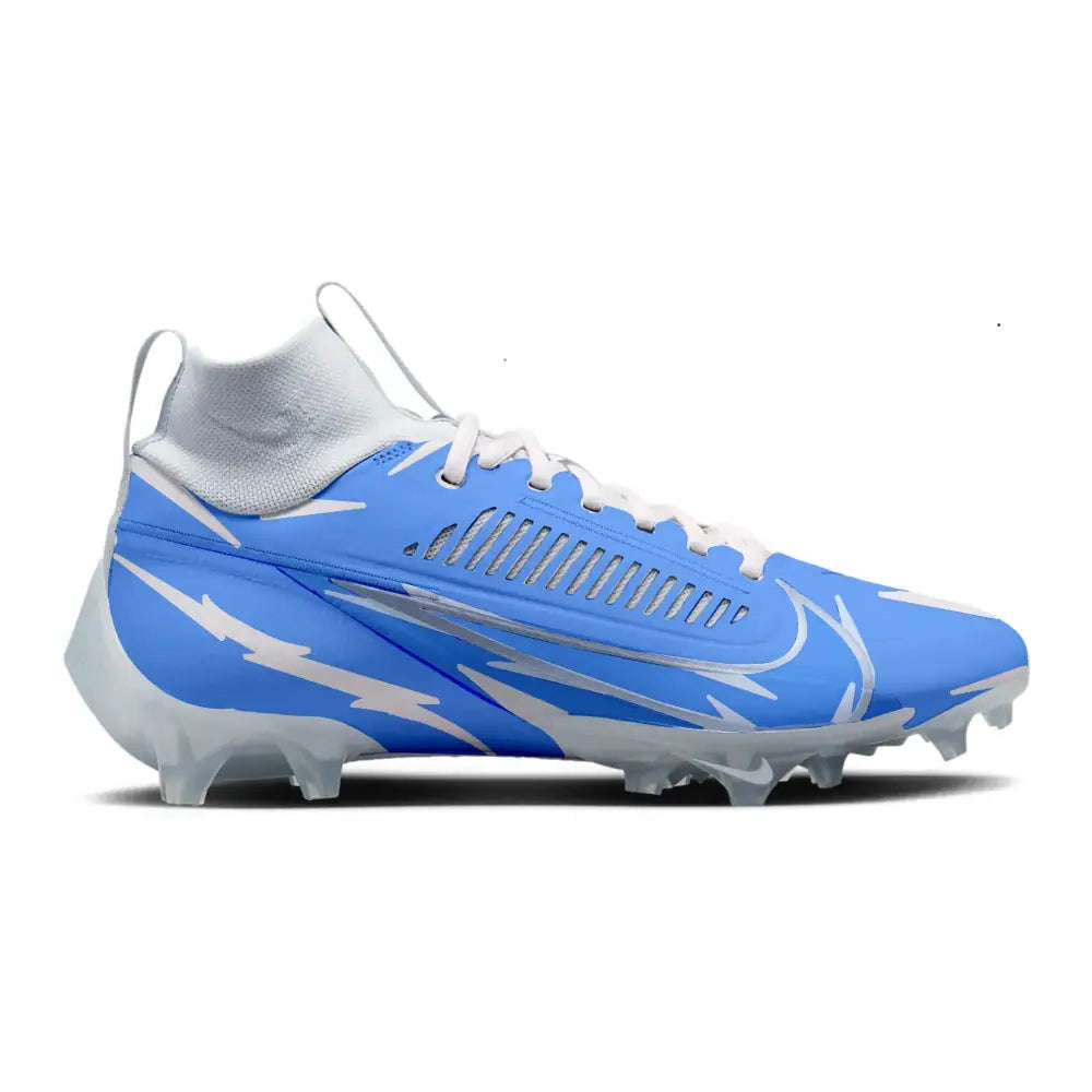 Carolina blue football cleat with white lightning bolt graphics, gray knit collar, and molded studs