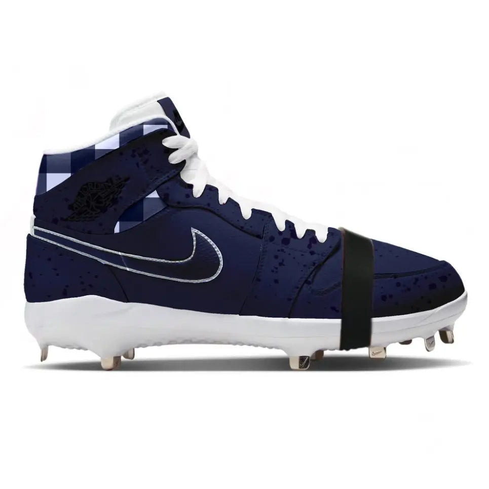 blue baseball cleats with metal spikes in a side view.