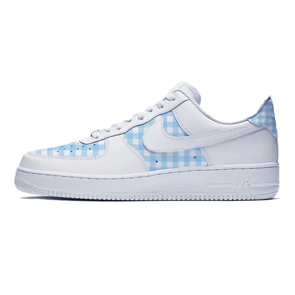 White Nike Air Force 1 Low sneaker with blue gingham accents and the Blue Plaid design