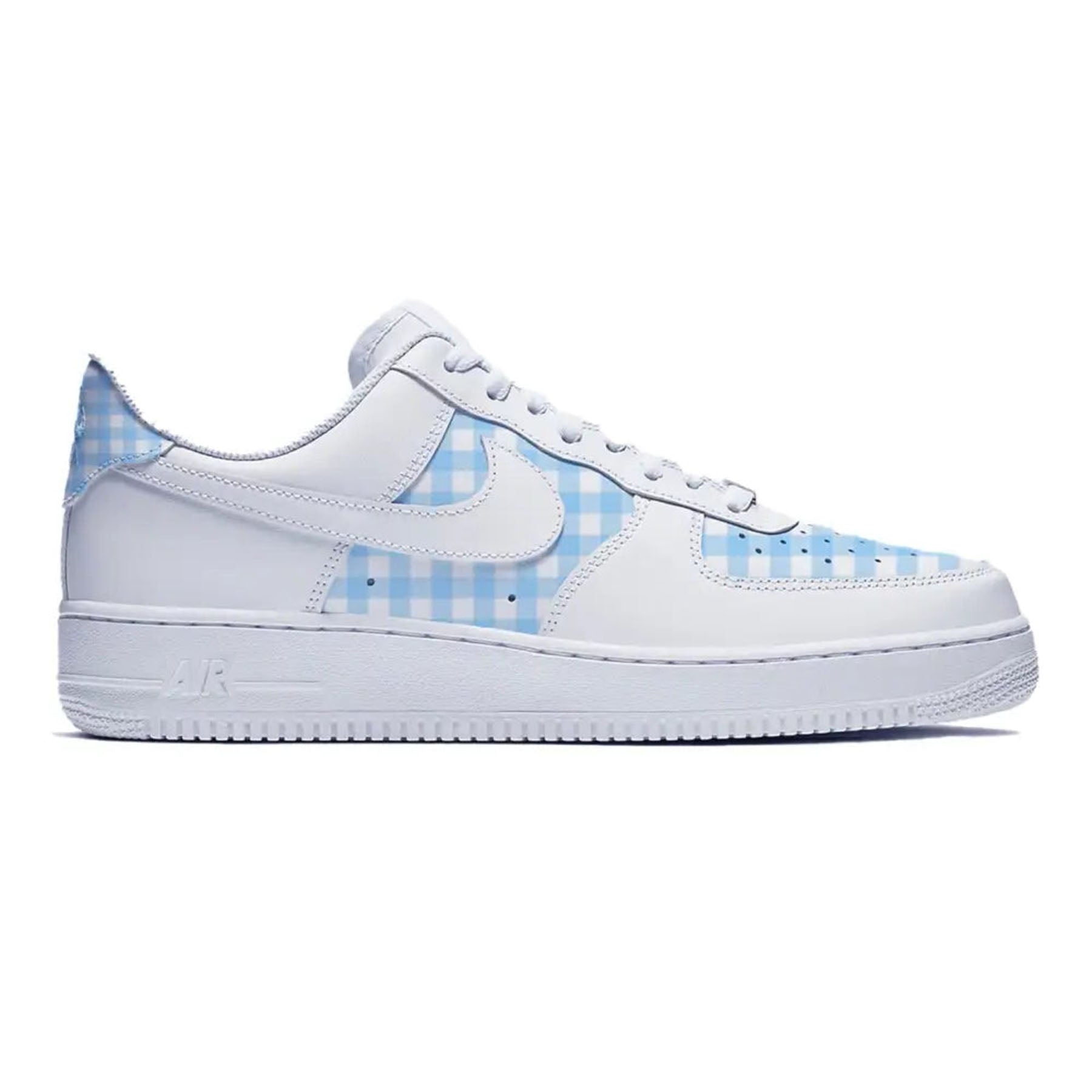White Nike Air Force 1 Low sneaker with blue gingham accents and the Blue Plaid design