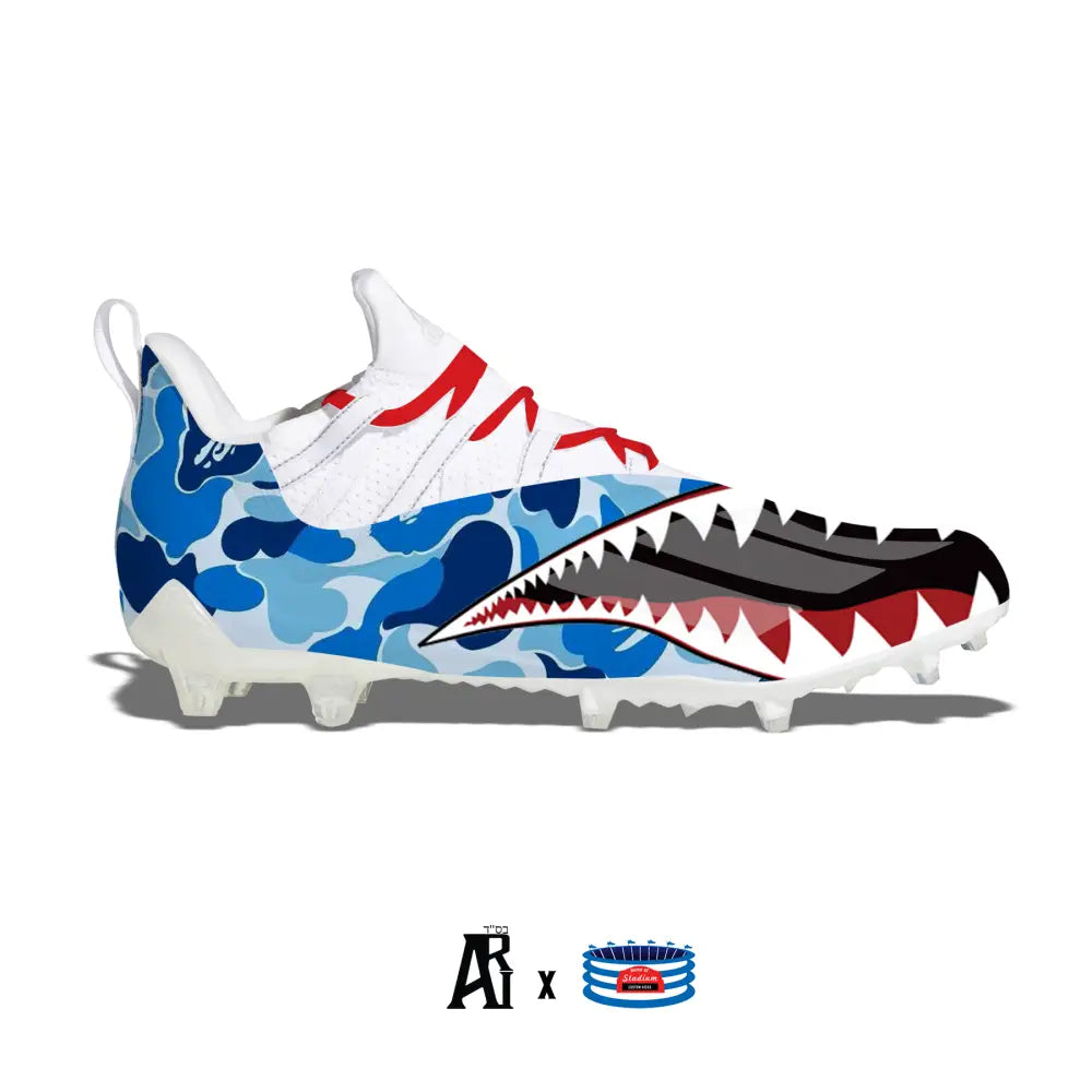 Blue camouflage shark-themed Adidas Adizero 11.0 Football Cleats for enhanced speed