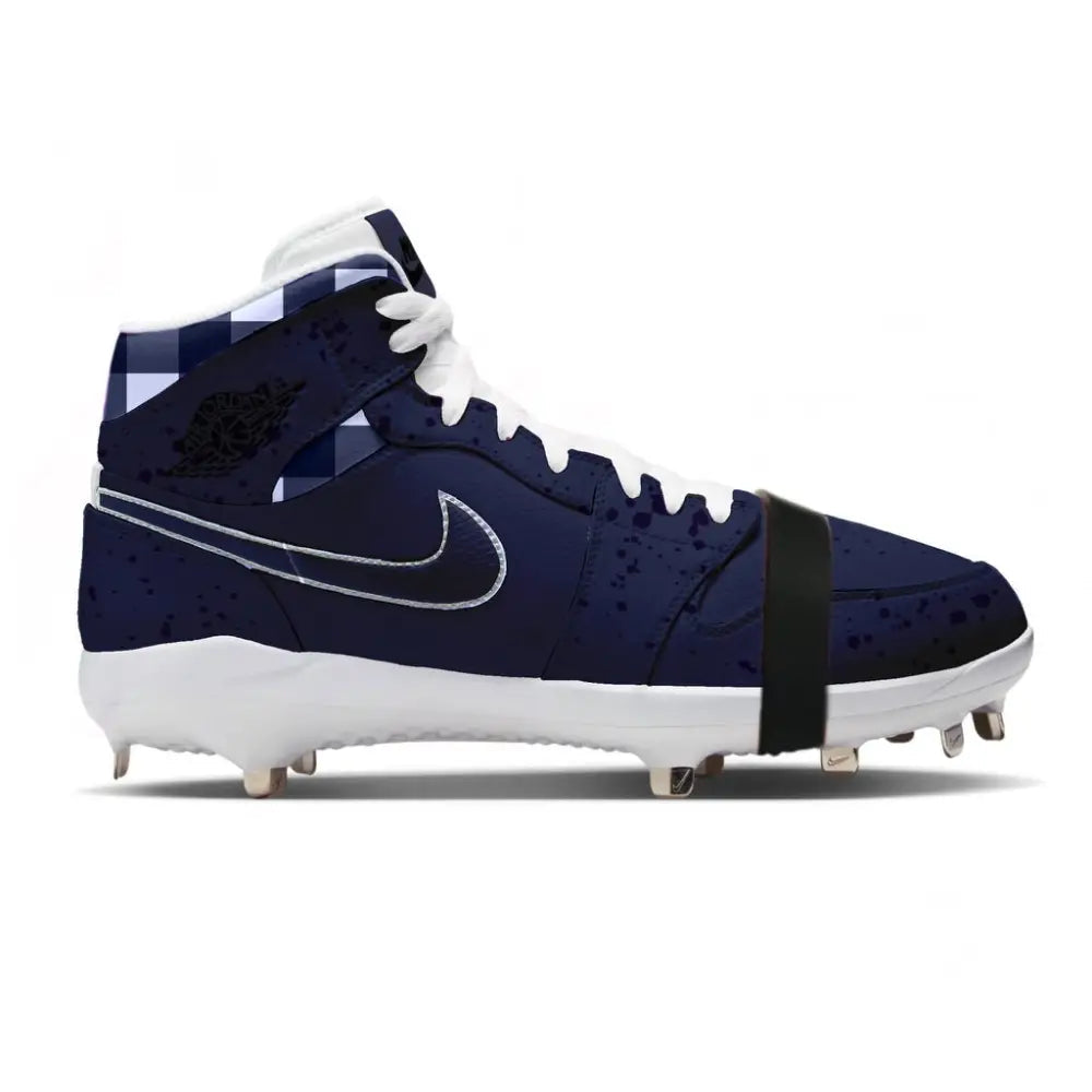 blue baseball cleats with metal spikes in a side view.