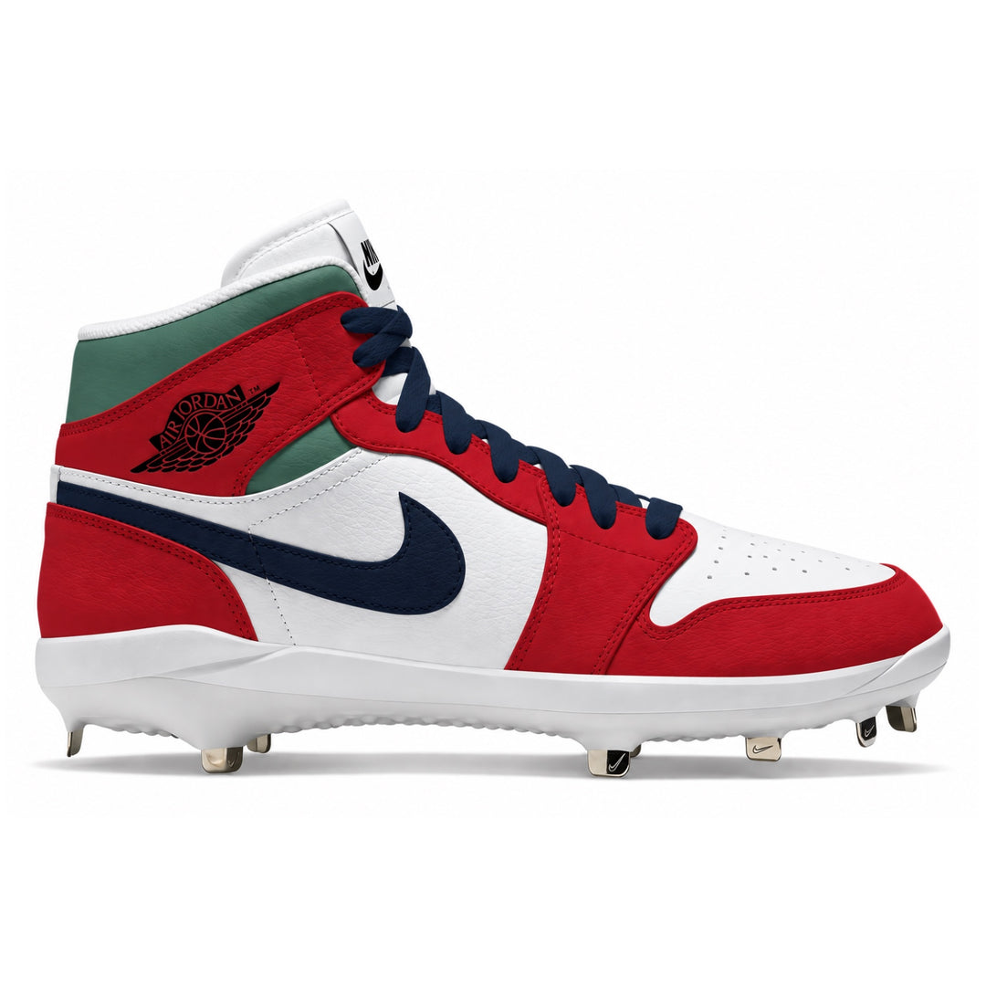 A high-top baseball cleat featuring a red, white, and navy blue color-blocked design. The shoe has a white leather base with red overlays, a navy blue swoosh, a green heel tab, and a black Jordan Wings logo on the side.