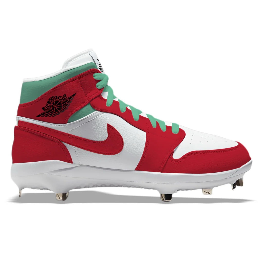 A pair of 'Boston' Jordan 1 Retro Cleats with red, white, and green color scheme, featuring a lace-up closure and metal spikes on the sole.