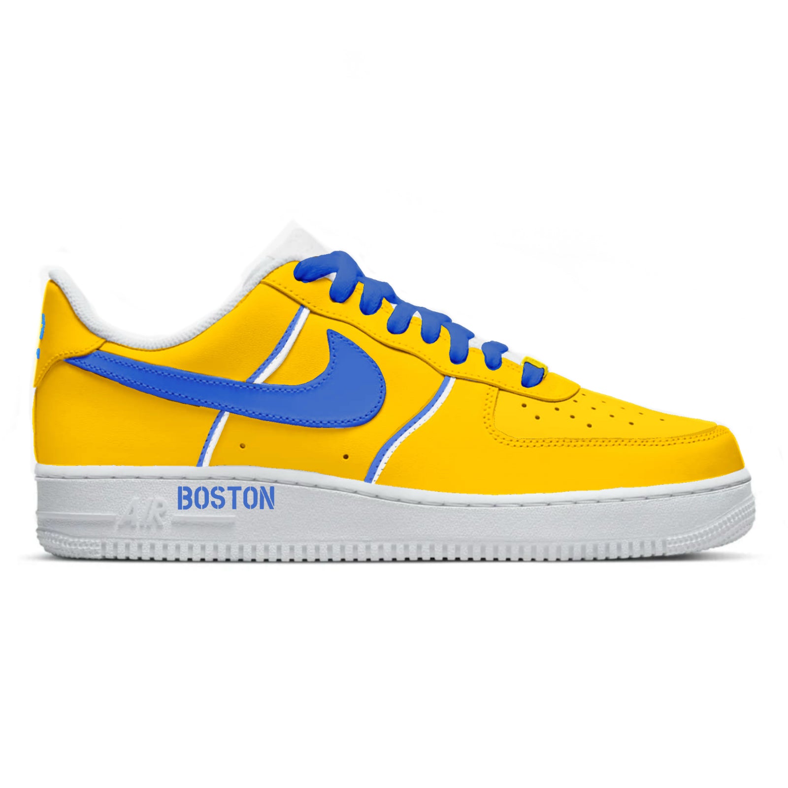 Yellow sneaker with blue swoosh logo and 'Boston' text on a white background