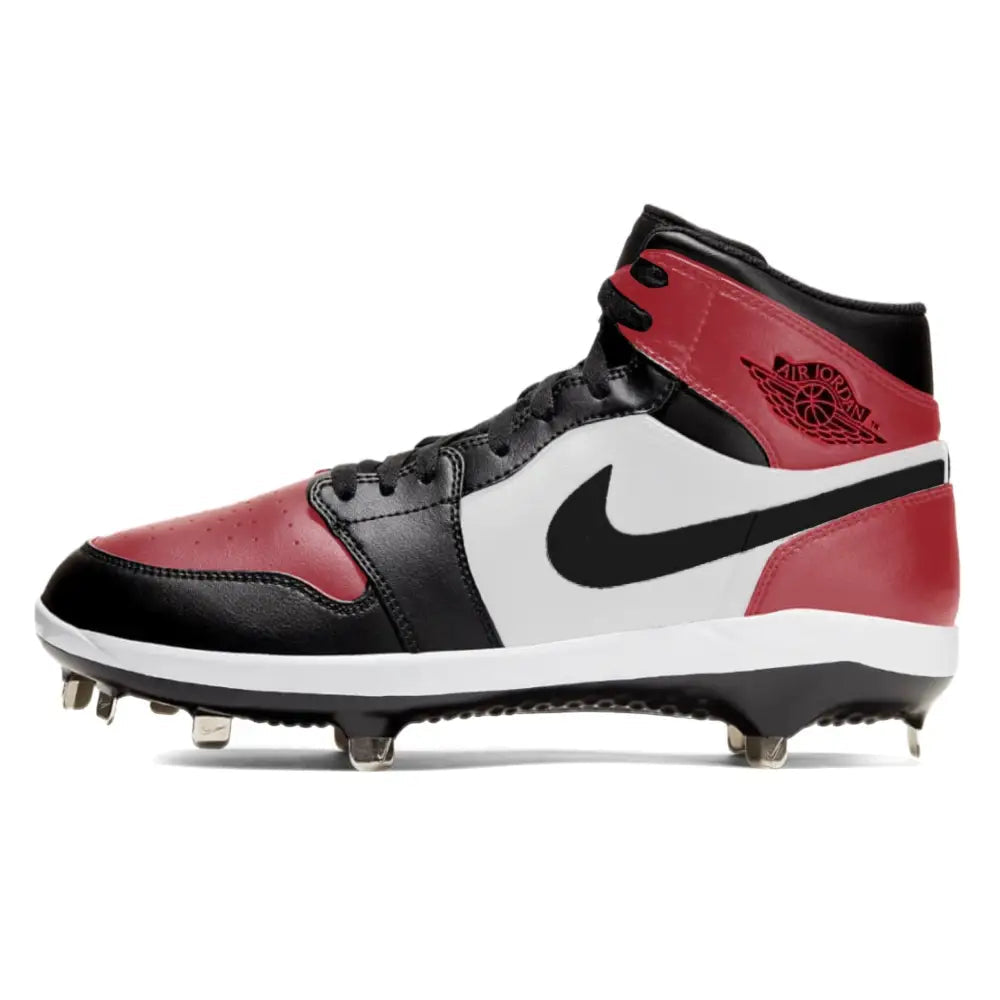 Red black and white Air Jordan Bred Toe Retro Cleats for baseball