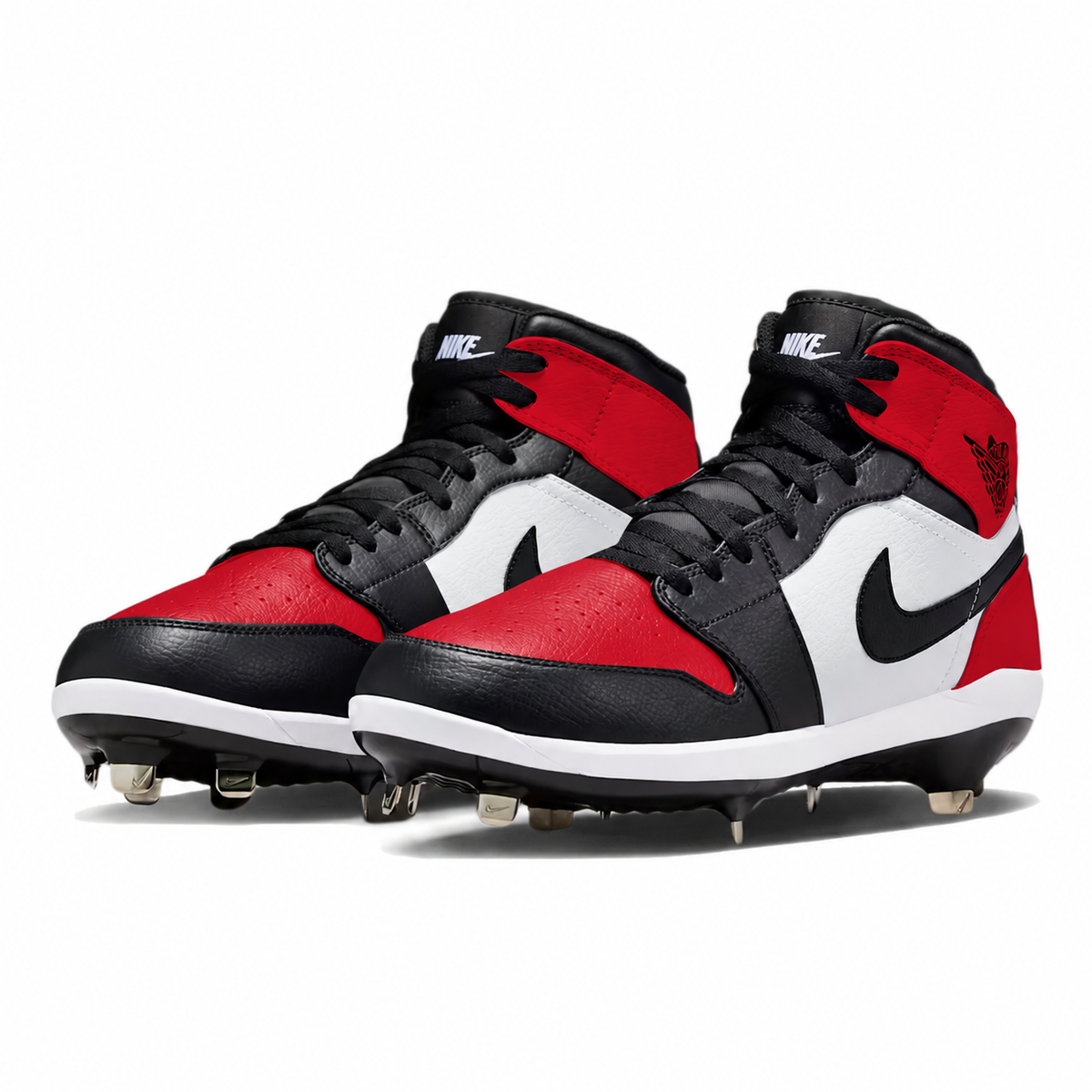 A pair of Nike high-top baseball cleats in a red, black, and white colorway, featuring black laces, a black swoosh, and a white midsole, shown on a clean white background.