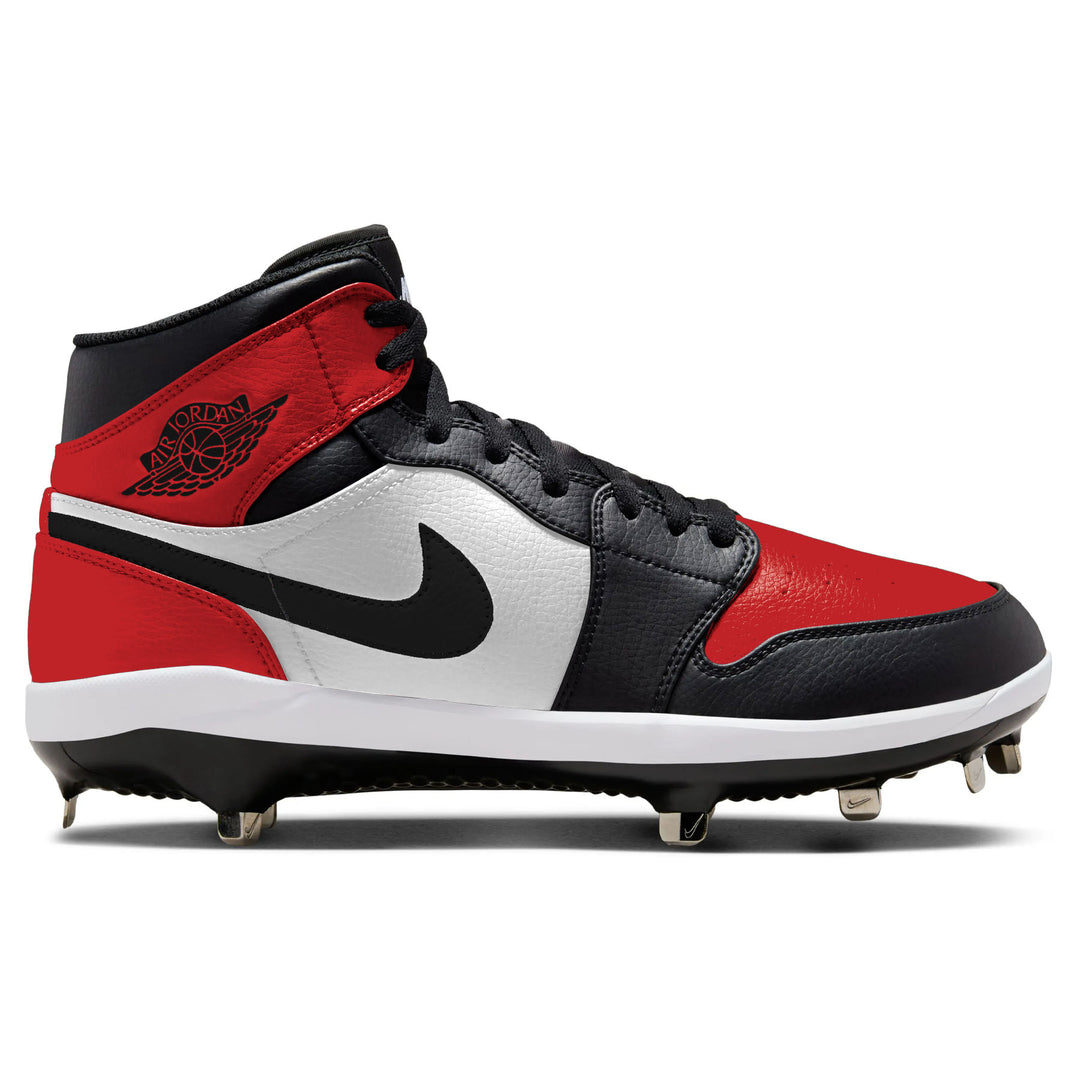 Red black and white Air Jordan Bred Toe Retro Cleats for baseball