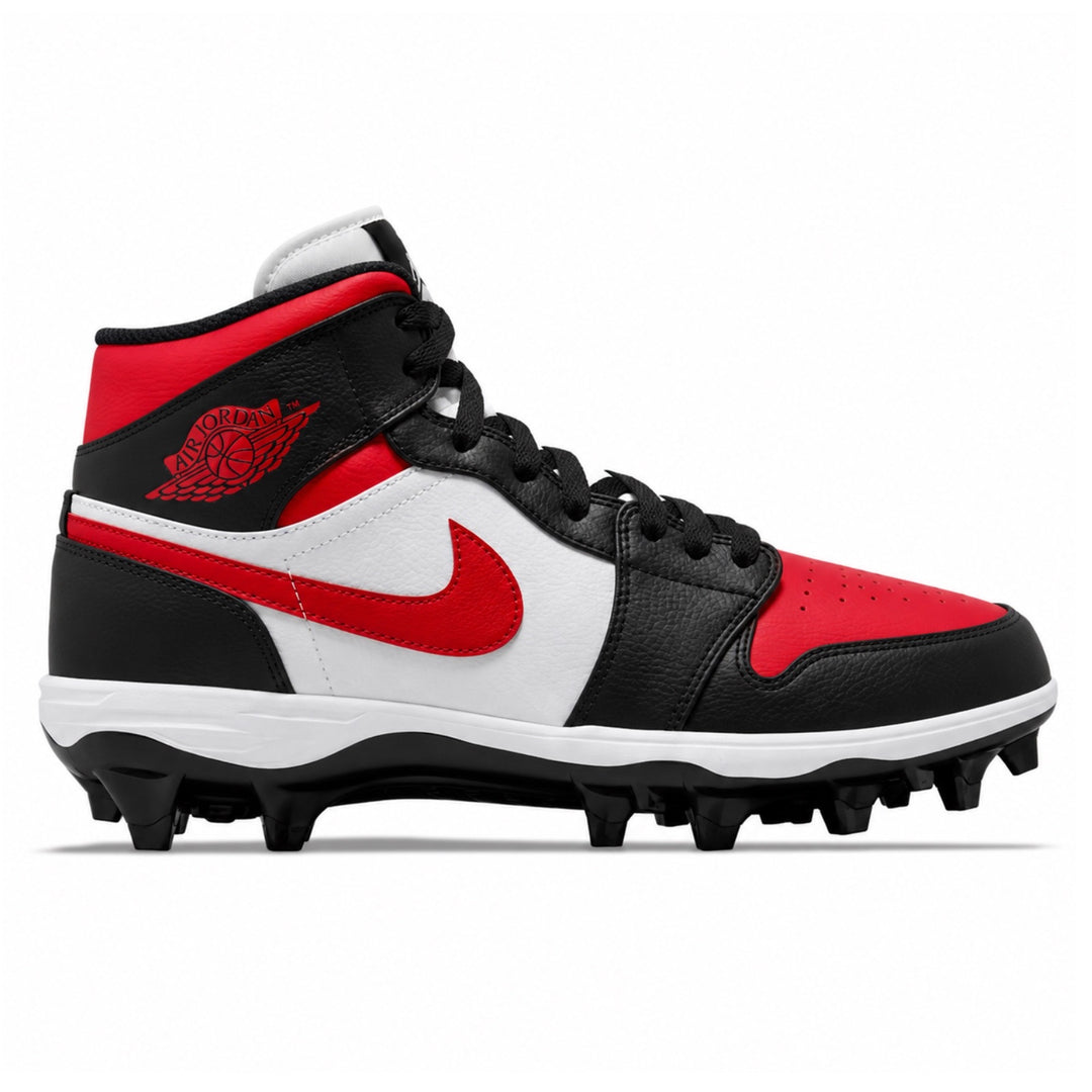 Black white and red Jordan 1 TD cleats side view by Stadium Custom Kicks