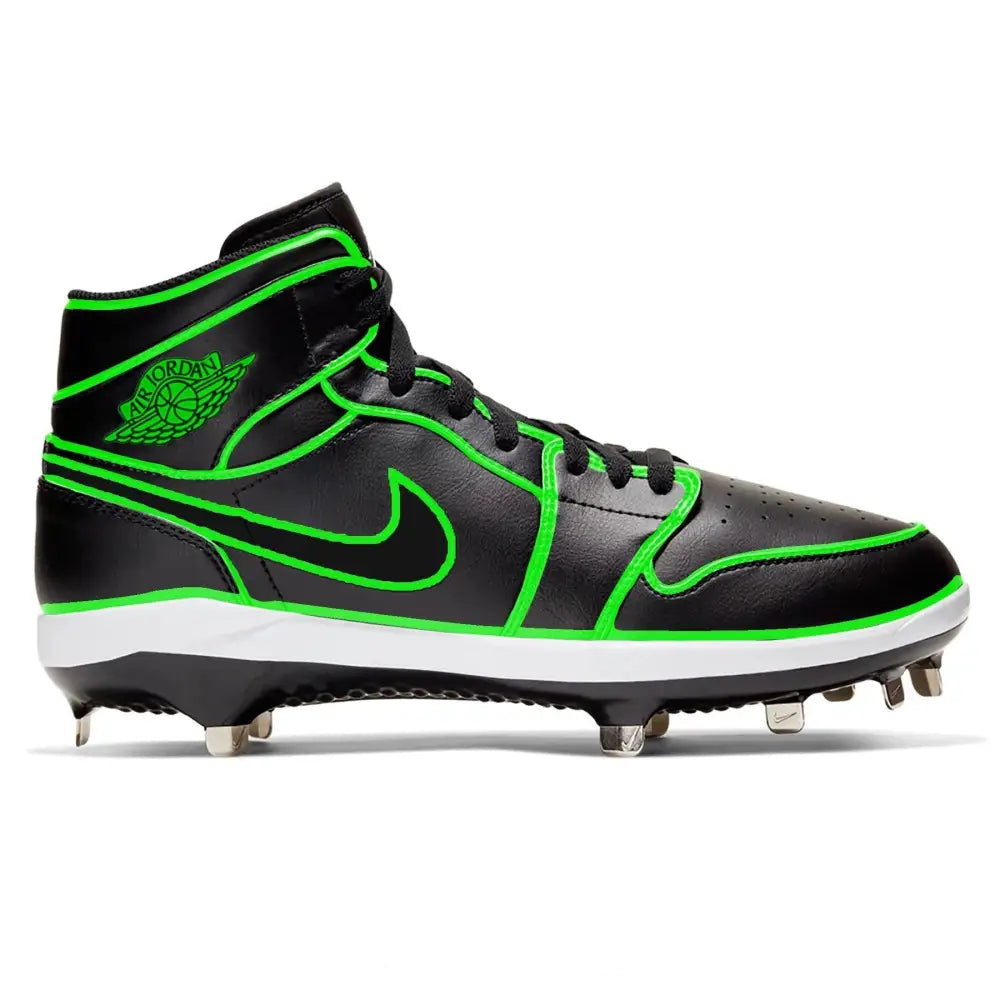 Black and green cleated shoe with Nike logo on a white background
