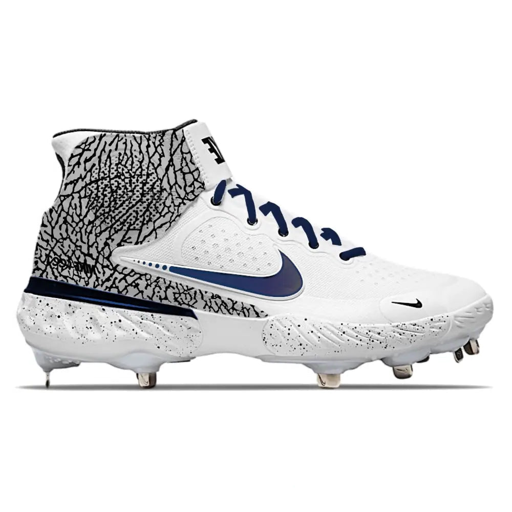 White and blue cleat with Nike logo on a white background